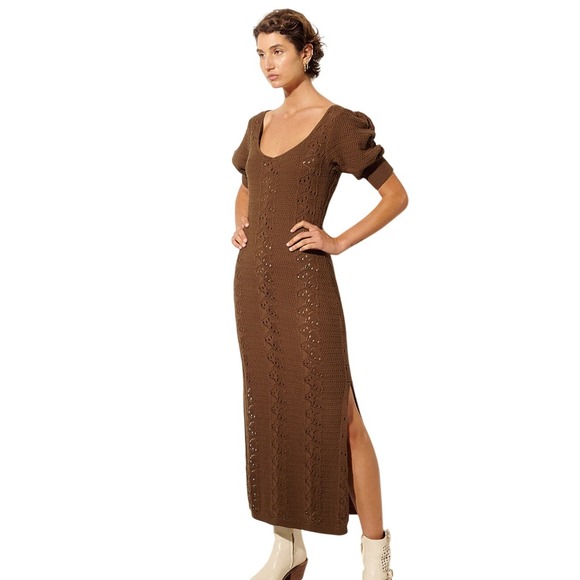 KIVARI Cocoa Helena Knit Midi Dress Puff Sleeve Slit Brown Cotton New Tags